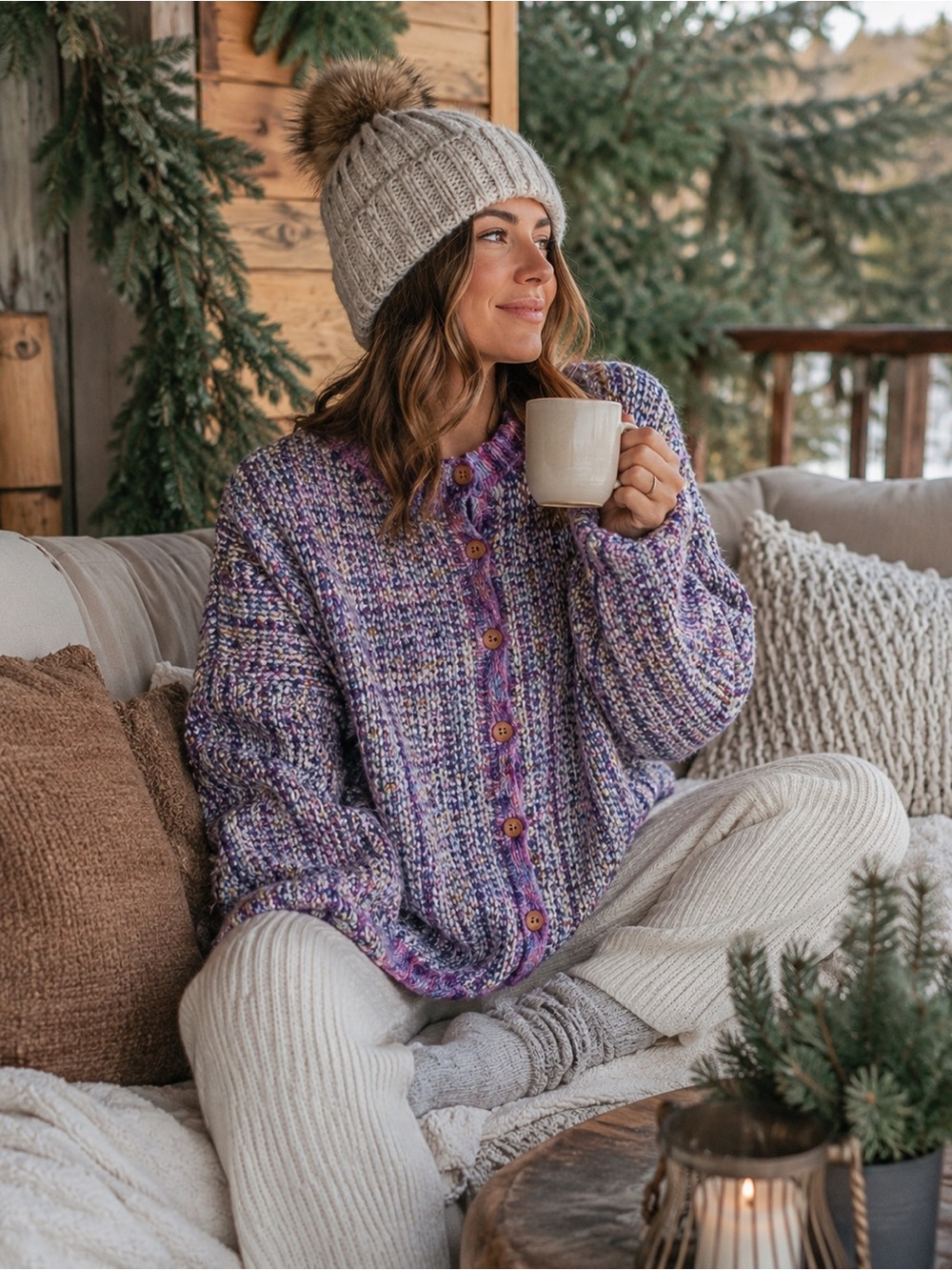 🌟 Handmade Woven Cardigan – Purple, Mauve & Cream 💜